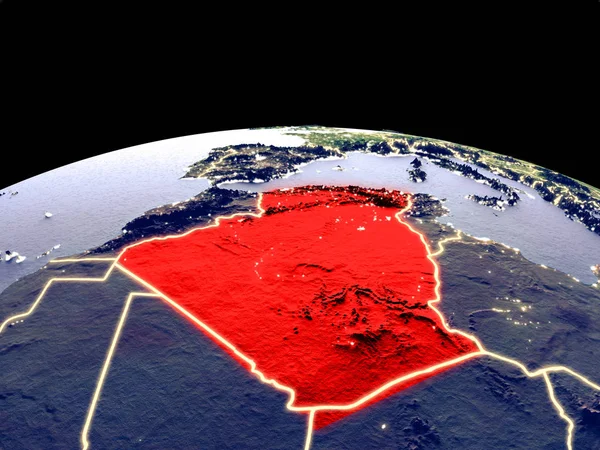 Algeria from space on planet Earth at night with bright city lights. Detailed plastic planet surface with real mountains. 3D illustration. Elements of this image furnished by NASA.