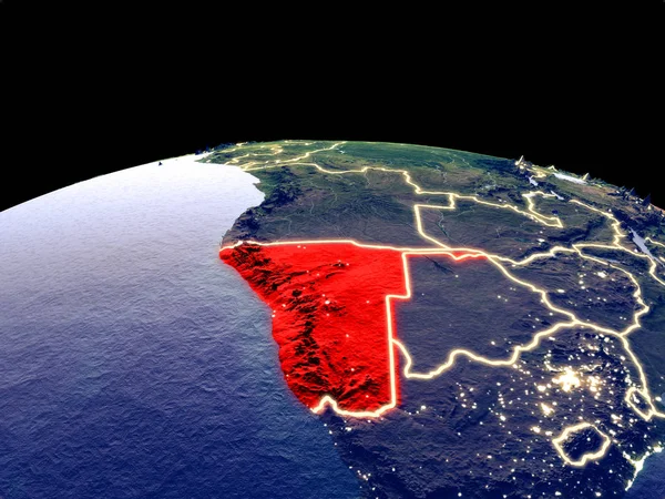 Namibia from space on planet Earth at night with bright city lights. Detailed plastic planet surface with real mountains. 3D illustration. Elements of this image furnished by NASA.