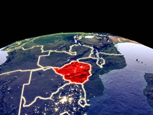 Zimbabwe from space on planet Earth at night with bright city lights. Detailed plastic planet surface with real mountains. 3D illustration. Elements of this image furnished by NASA.