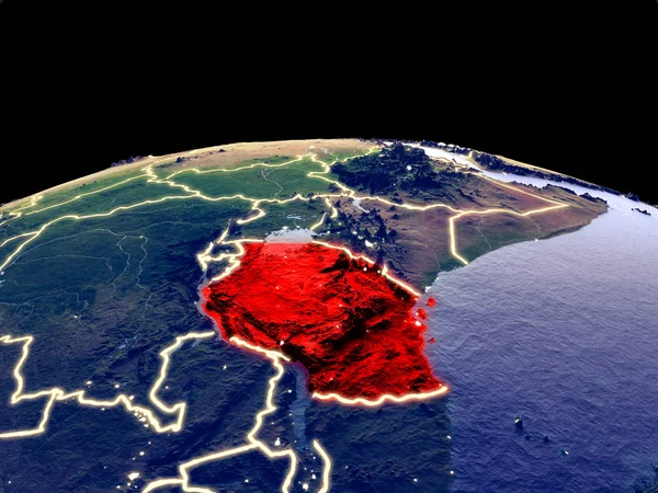 Tanzania from space on planet Earth at night with bright city lights. Detailed plastic planet surface with real mountains. 3D illustration. Elements of this image furnished by NASA.
