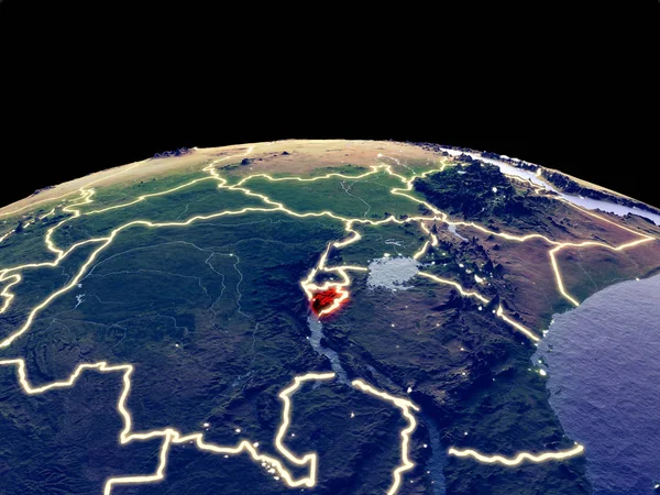 Burundi from space on planet Earth at night with bright city lights. Detailed plastic planet surface with real mountains. 3D illustration. Elements of this image furnished by NASA.