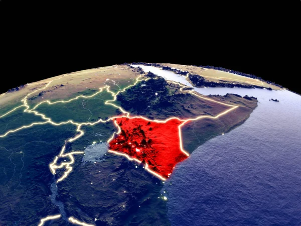 Kenya from space on planet Earth at night with bright city lights. Detailed plastic planet surface with real mountains. 3D illustration. Elements of this image furnished by NASA.