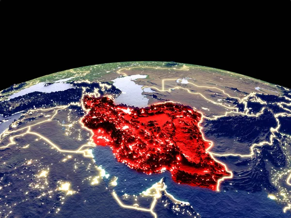 Iran from space on planet Earth at night with bright city lights. Detailed plastic planet surface with real mountains. 3D illustration. Elements of this image furnished by NASA.