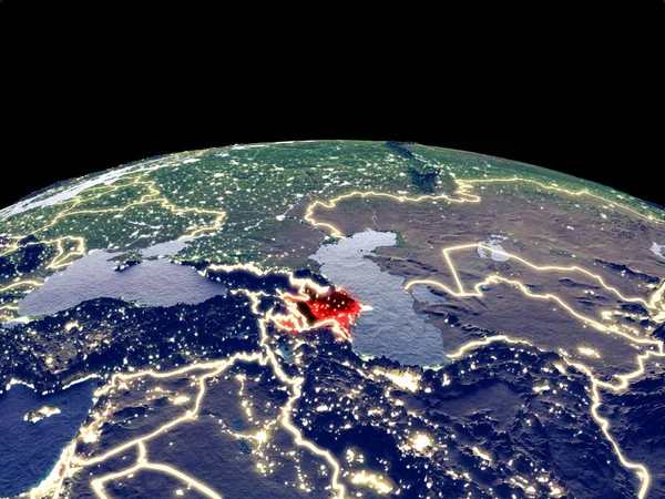 Azerbaijan from space on planet Earth at night with bright city lights. Detailed plastic planet surface with real mountains. 3D illustration. Elements of this image furnished by NASA.