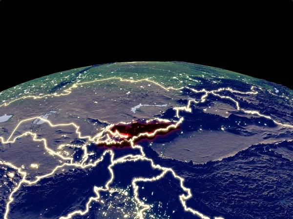 Kyrgyzstan from space on planet Earth at night with bright city lights. Detailed plastic planet surface with real mountains. 3D illustration. Elements of this image furnished by NASA.