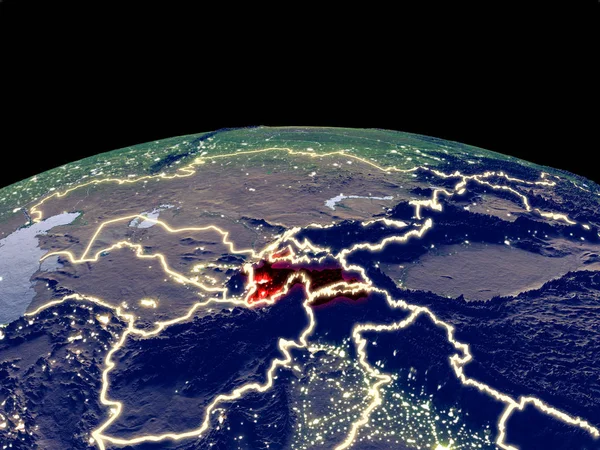 Tajikistan from space on planet Earth at night with bright city lights. Detailed plastic planet surface with real mountains. 3D illustration. Elements of this image furnished by NASA.