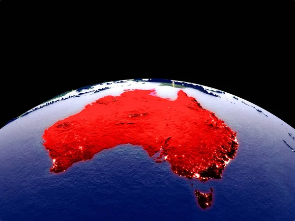 Australia from space on planet Earth at night with bright city lights. Detailed plastic planet surface with real mountains. 3D illustration. Elements of this image furnished by NASA.