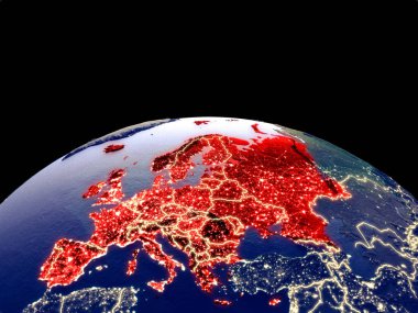 Avrupa uzaydan dünya gezegeninde gece parlak şehir ışıkları ile. Gerçek dağlar ile ayrıntılı plastik gezegen yüzeyi. 3d illüstrasyon. Nasa tarafından döşenmiş bu görüntünün elemanları.