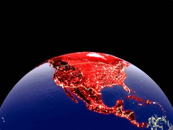 North America from space on planet Earth at night with bright city lights. Detailed plastic planet surface with real mountains. 3D illustration. Elements of this image furnished by NASA.