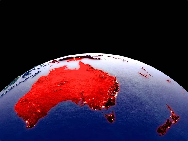 Australia from space on planet Earth at night with bright city lights. Detailed plastic planet surface with real mountains. 3D illustration. Elements of this image furnished by NASA.
