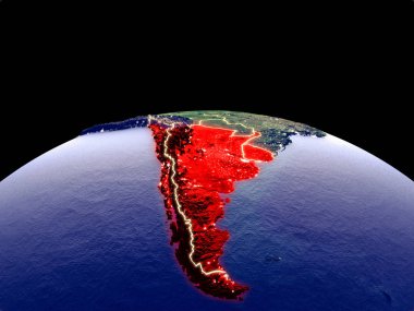 Parlak şehir ışıkları ile gece dünya gezegeninde uzaydan Güney Koni. Gerçek dağlar ile ayrıntılı plastik gezegen yüzeyi. 3d illüstrasyon. Nasa tarafından döşenmiş bu görüntünün elemanları.