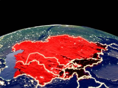 Orta Asya uzaydan dünya gezegeninde gece parlak şehir ışıkları ile. Gerçek dağlar ile ayrıntılı plastik gezegen yüzeyi. 3d illüstrasyon. Nasa tarafından döşenmiş bu görüntünün elemanları.