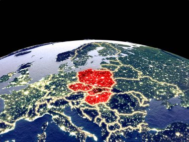 Visegrad Grubu parlak şehir ışıkları ile gece dünya gezegeninde uzaydan. Gerçek dağlar ile ayrıntılı plastik gezegen yüzeyi. 3d illüstrasyon. Nasa tarafından döşenmiş bu görüntünün elemanları.