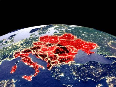 Cei ülkeleri uzaydan Dünya gezegeninde geceleri parlak şehir ışıkları ile. Gerçek dağlar ile ayrıntılı plastik gezegen yüzeyi. 3d illüstrasyon. Nasa tarafından döşenmiş bu görüntünün elemanları.