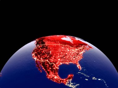 NAFTA memeber states from space on planet Earth at night with bright city lights. Detailed plastic planet surface with real mountains. 3D illustration. Elements of this image furnished by NASA. clipart