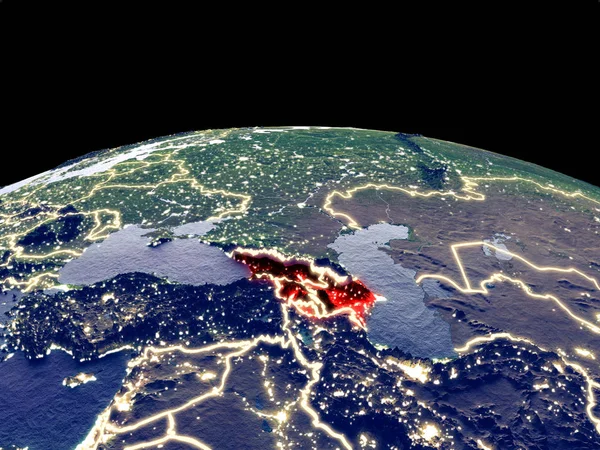 Kaukasuksen Alue Avaruudesta Maapallolla Yöllä Kirkkailla Kaupunkivaloilla Yksityiskohtainen Muovi Planeetan — kuvapankkivalokuva