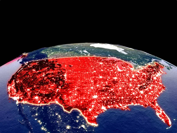 United States from space on planet Earth at night with bright city lights. Detailed plastic planet surface with real mountains. 3D illustration. Elements of this image furnished by NASA.