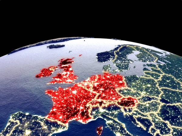 Western Europe from space on planet Earth at night with bright city lights. Detailed plastic planet surface with real mountains. 3D illustration. Elements of this image furnished by NASA.