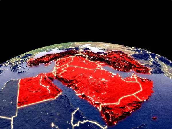 Middle East from space on planet Earth at night with bright city lights. Detailed plastic planet surface with real mountains. 3D illustration. Elements of this image furnished by NASA.