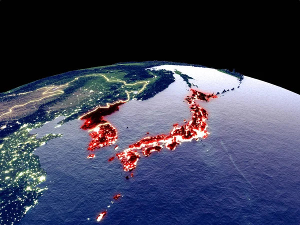 Japón Corea Del Espacio Planeta Tierra Por Noche Con Luces —  Fotos de Stock