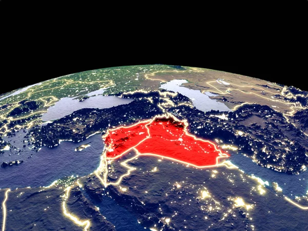Islamic State from space on planet Earth at night with bright city lights. Detailed plastic planet surface with real mountains. 3D illustration. Elements of this image furnished by NASA.