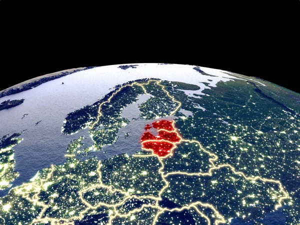 Baltiska Stater Från Rymden Planeten Jorden Natten Med Ljusa Stadsljus — Stockfoto