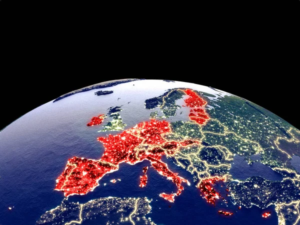 Eurozone member states from space on planet Earth at night with bright city lights. Detailed plastic planet surface with real mountains. 3D illustration. Elements of this image furnished by NASA.