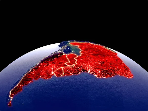 Mercosur memebers from space on planet Earth at night with bright city lights. Detailed plastic planet surface with real mountains. 3D illustration. Elements of this image furnished by NASA.