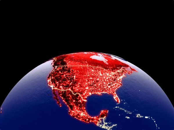 NAFTA memeber states from space on planet Earth at night with bright city lights. Detailed plastic planet surface with real mountains. 3D illustration. Elements of this image furnished by NASA.