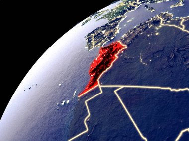 Şehir ışıkları ile Dünya'da Fas Uydu görünümü. Gerçek dağlar ile son derece ayrıntılı plastik gezegen yüzeyi. 3d illüstrasyon. Nasa tarafından döşenmiş bu görüntünün elemanları.
