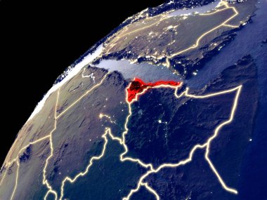 Eritre'nin Dünya'daki uydu görüntüsü şehir ışıklarıyla. Gerçek dağlar ile son derece ayrıntılı plastik gezegen yüzeyi. 3d illüstrasyon. Nasa tarafından döşenmiş bu görüntünün elemanları.