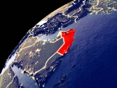 Umman'ın Dünya'daki uydu görüntüsü şehir ışıklarıyla. Gerçek dağlar ile son derece ayrıntılı plastik gezegen yüzeyi. 3d illüstrasyon. Nasa tarafından döşenmiş bu görüntünün elemanları.