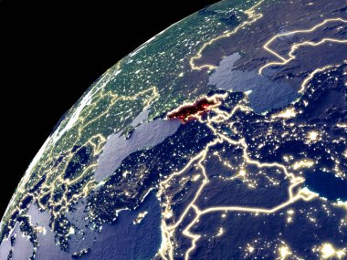 Şehir ışıkları ile Dünya'da Gürcistan uydu görünümü. Gerçek dağlar ile son derece ayrıntılı plastik gezegen yüzeyi. 3d illüstrasyon. Nasa tarafından döşenmiş bu görüntünün elemanları.