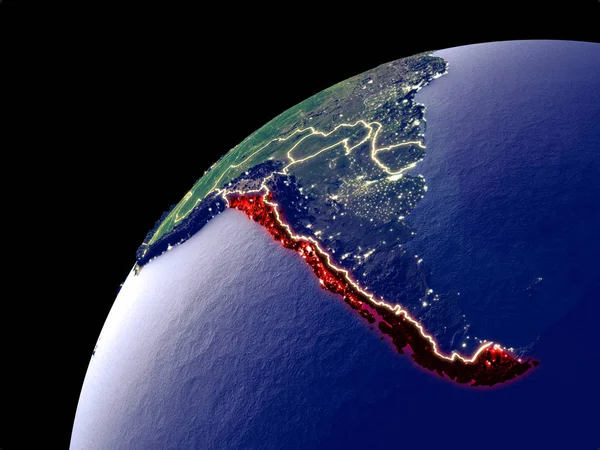 Satellite view of Chile on Earth with city lights. Extremely detailed plastic planet surface with real mountains. 3D illustration. Elements of this image furnished by NASA.