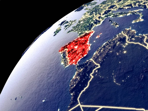 Satellite view of Spain on Earth with city lights. Extremely detailed plastic planet surface with real mountains. 3D illustration. Elements of this image furnished by NASA.