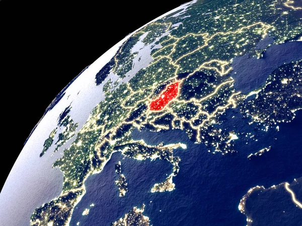 Satellite view of Hungary on Earth with city lights. Extremely detailed plastic planet surface with real mountains. 3D illustration. Elements of this image furnished by NASA.