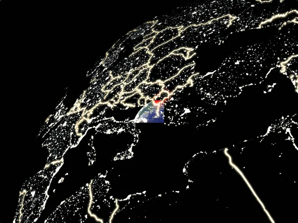 Satellite view of Macedonia on Earth with city lights. Extremely detailed plastic planet surface with real mountains. 3D illustration. Elements of this image furnished by NASA.