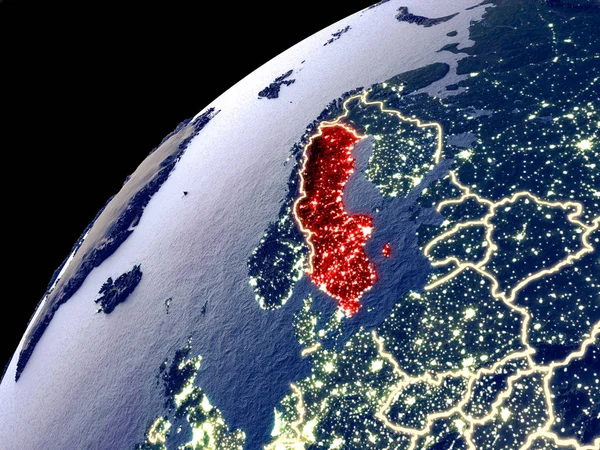 Satellite view of Sweden on Earth with city lights. Extremely detailed plastic planet surface with real mountains. 3D illustration. Elements of this image furnished by NASA.