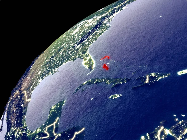 Műholdkép Bahamák Földön Városi Fények Rendkívül Részletes Műanyag Bolygó Felülete — Stock Fotó