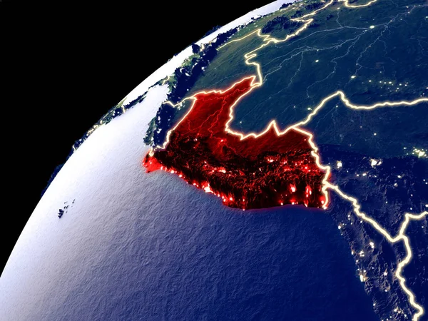 Satellite view of Peru on Earth with city lights. Extremely detailed plastic planet surface with real mountains. 3D illustration. Elements of this image furnished by NASA.