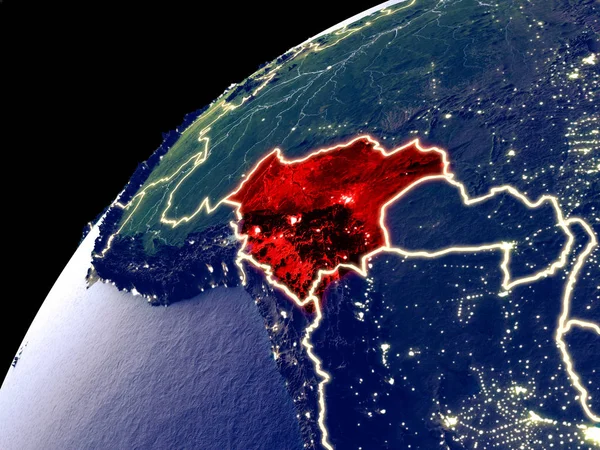 Satellite view of Bolivia on Earth with city lights. Extremely detailed plastic planet surface with real mountains. 3D illustration. Elements of this image furnished by NASA.