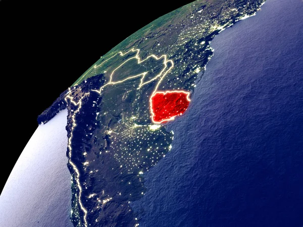 Satellite view of Uruguay on Earth with city lights. Extremely detailed plastic planet surface with real mountains. 3D illustration. Elements of this image furnished by NASA.