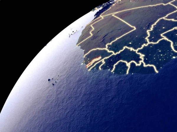 Satellite view of Gambia on Earth with city lights. Extremely detailed plastic planet surface with real mountains. 3D illustration. Elements of this image furnished by NASA.