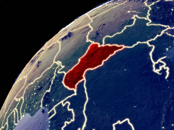 Satellite view of Central Africa on Earth with city lights. Extremely detailed plastic planet surface with real mountains. 3D illustration. Elements of this image furnished by NASA.