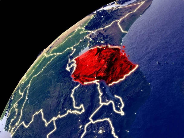 Satellite view of Tanzania on Earth with city lights. Extremely detailed plastic planet surface with real mountains. 3D illustration. Elements of this image furnished by NASA.