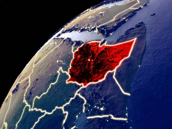 Satellite view of Ethiopia on Earth with city lights. Extremely detailed plastic planet surface with real mountains. 3D illustration. Elements of this image furnished by NASA.