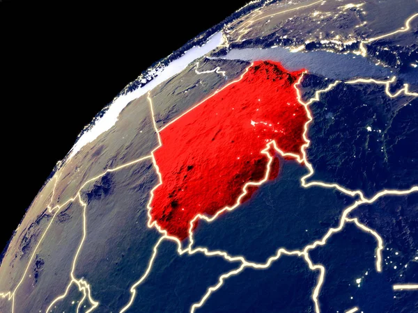 Satellite view of Sudan on Earth with city lights. Extremely detailed plastic planet surface with real mountains. 3D illustration. Elements of this image furnished by NASA.