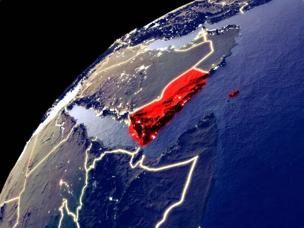 Satellite view of Yemen on Earth with city lights. Extremely detailed plastic planet surface with real mountains. 3D illustration. Elements of this image furnished by NASA.