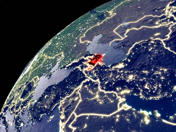 Satellite view of Azerbaijan on Earth with city lights. Extremely detailed plastic planet surface with real mountains. 3D illustration. Elements of this image furnished by NASA.