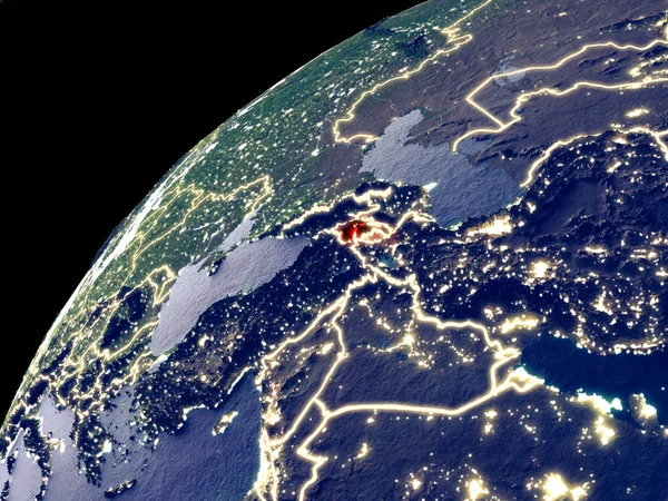 Ermenistan'ın dünya üzerindeki uydu görüntüsü şehir ışıklarıile. Gerçek dağlar ile son derece ayrıntılı plastik gezegen yüzeyi. 3d illüstrasyon. Nasa tarafından döşenmiş bu görüntünün elemanları.